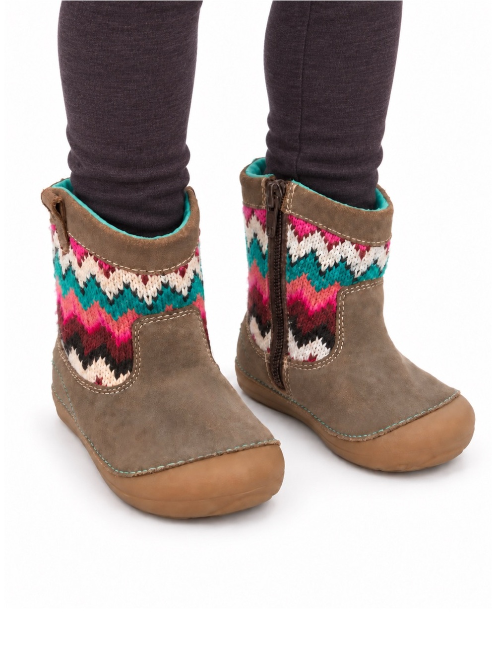 Size 6M Stride Rite Girls’ Quinn Knit Chevron Boots Brown